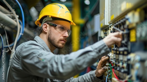 An electrician inspecting electrical components in an industrial facility.