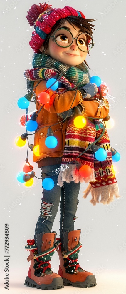 Animated girl, winter clothes, with glowing garland, vibrant cartoon look, side angle, isolated on white , 8K , high-resolution, ultra HD,up32K HD