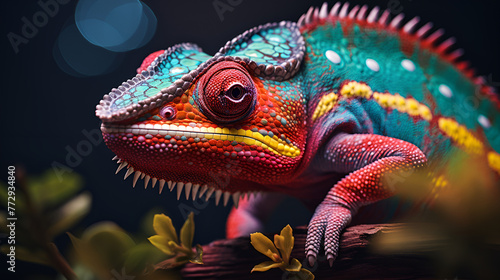 cute chameleon animal in the forest,Colorful Chameleon Lizard: Closeup Nature Photography,A macro shot of a vibrant chameleon blending into its surroundings, showcasing the incredible camouflage of na