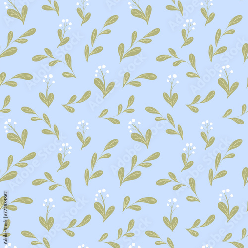 Vector seamless pattern for print design. Floral abstract ornament. Hand drawn simple style. Spring summer collection for textile, apparel, wrapping, wallpaper. Blue background. 