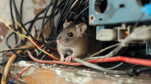 An electrician repairing wiring damaged by rodents.  photo