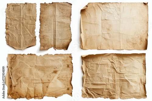 Set of aged vintage paper textures isolated on white, old grunge backgrounds, design elements