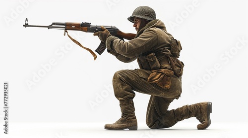 Animated man in military gear, holding Mosin rifle, vibrant look, side view, isolated on white , 8K , high-resolution, ultra HD,up32K HD