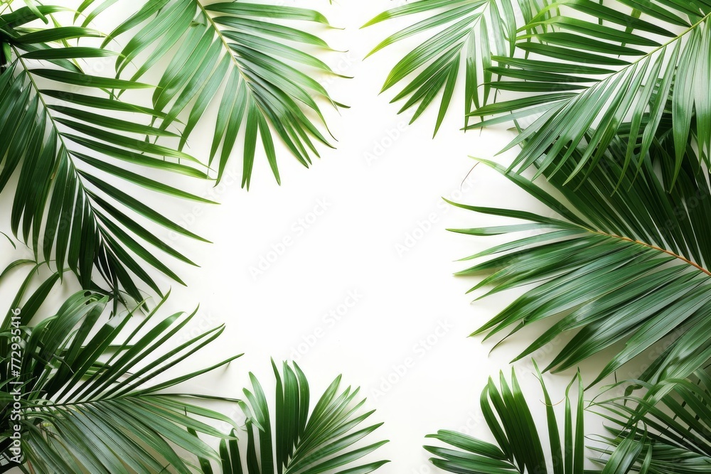 Tropical Green Palm Leaves Frame Isolated on White Background - Lush Plant Branches Border