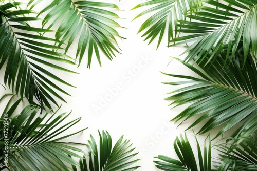 Tropical Green Palm Leaves Frame Isolated on White Background - Lush Plant Branches Border
