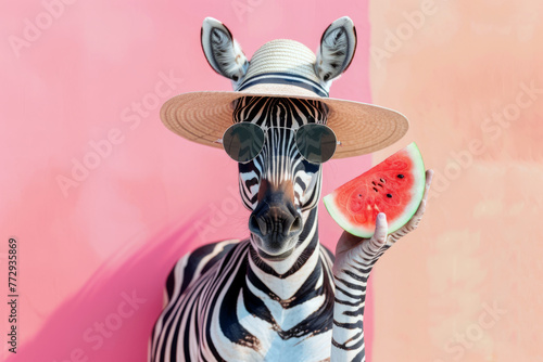 Funny zebra wearing hat and sunglasses with watermelon on pink background. Summer vacation and weekend concept.