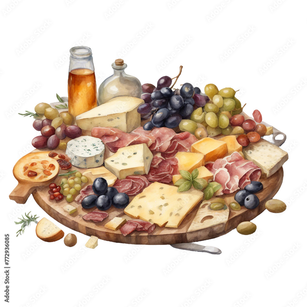 A charcuterie board overflowing with cheeses, meats, olives, and fruit, depicted in a detailed watercolor. White background.