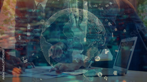 Double exposure of business people working together with world map and technology background.