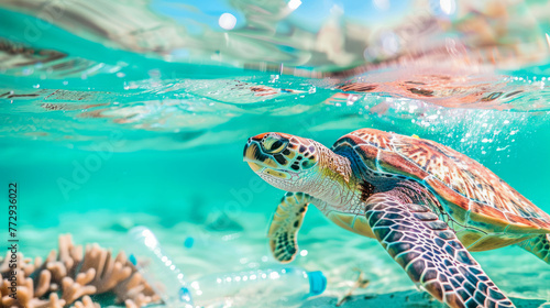 A turtle swims between plastic waste on a coral reef under blue water. No plastic. environment protection, ocean pollution, recycling concept. Sea turtle swims between plastic bottles in ocean