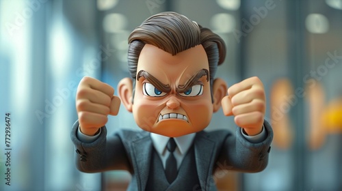 Cartoon businessman, angry expression, fists clenched, eyelevel shot, on white backdrop , 8K , high-resolution, ultra HD,up32K HD photo