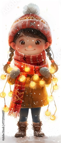 Cartoon girl in winter attire, holding luminous garland, cute style, frontal view, white background , 8K , high-resolution, ultra HD,up32K HD photo