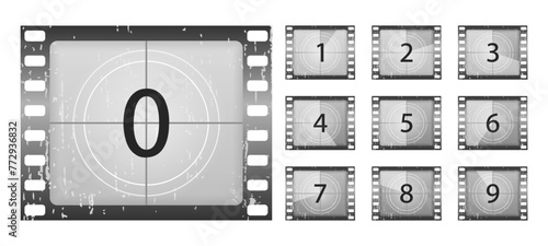 Big set a classic film countdown frame at the number one, two, three, four, five, six, seven, eight and nine. Old film movie timer count. Movies countdown vectors set. Vector Illustration