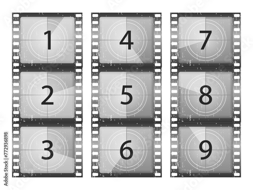 Big set a classic film countdown frame at the number one, two, three, four, five, six, seven, eight and nine. Old film movie timer count. Movies countdown vectors set. Vector Illustration