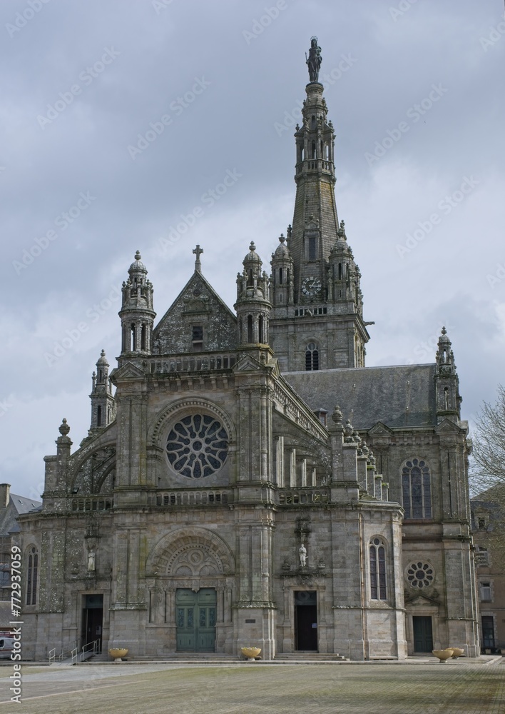 Sainte Anne d'Auray, France - Mar 27, 2024: Sanctuary and Basilica of Sainte Anne d�Auray. Cloudy spring day. Selective focus
