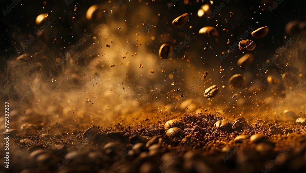 coffee beans falling on the ground, with a dark background