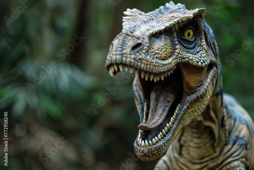 Generative ai on theme of big scary hungry dinosaur with kind eyes and sharp teeth destroying park © oleg525