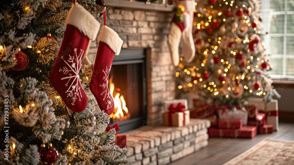 festive Christmas scene with a cozy fireplace, stockings, and a beautifully decorated tree, creating a warm and joyful composition