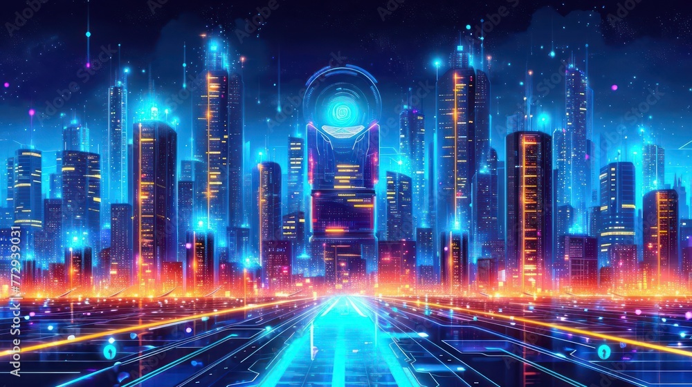 futuristic cybersecurity cityscape, with data towers, virtual networks, and a watchful AI overseeing the secure digital landscape