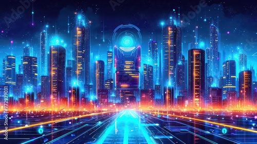 futuristic cybersecurity cityscape  with data towers  virtual networks  and a watchful AI overseeing the secure digital landscape
