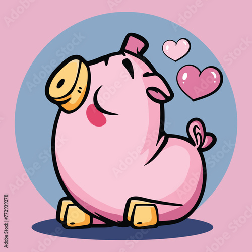Funny pink pig cartoon character vector illustration with hearts