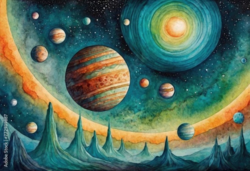 celestial wallpaper with a pattern of exoplanets in different shades of exotic teal, overlaid with a mystical multicolored painting of an alien world.