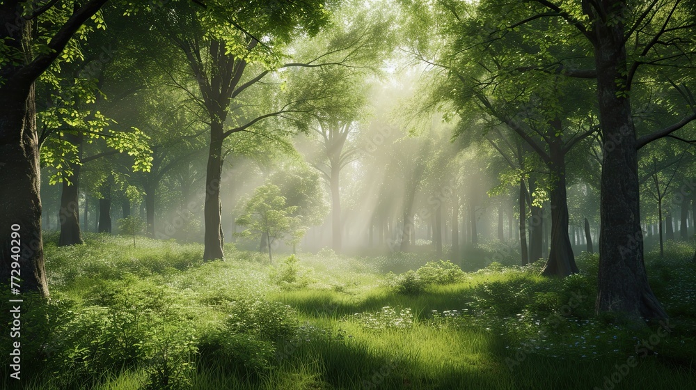 Rays of light in a deep forest. Trees, sun, flowering, nature, thicket, taiga, clearing, firewood, edge, pine needles, field, grove, animals, air, berries. Generated by AI