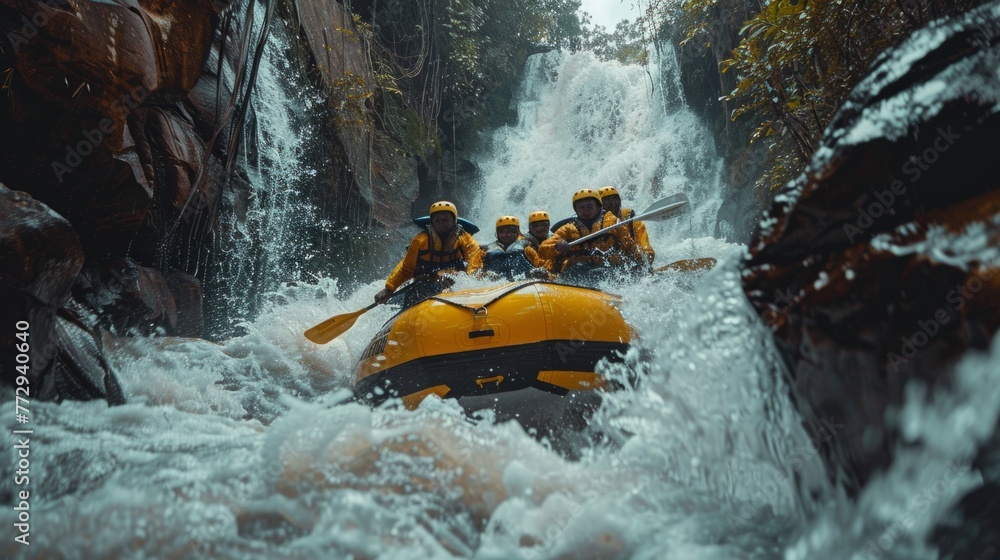 Obraz premium Group of men and women enjoy thrill of white water rafting together, guided by experienced instructor through challenging rapids.