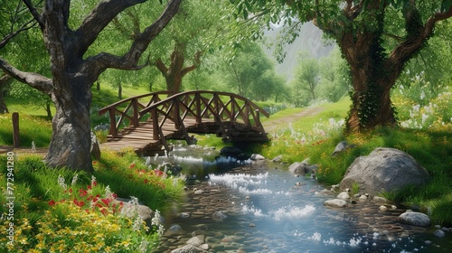 Wooden bridge over a lake with fish. River, trees, crossing, road, water, arch, sea, aquarium, fishing, scales, fishing rod, fin, flock, algae, food. Generated by AI