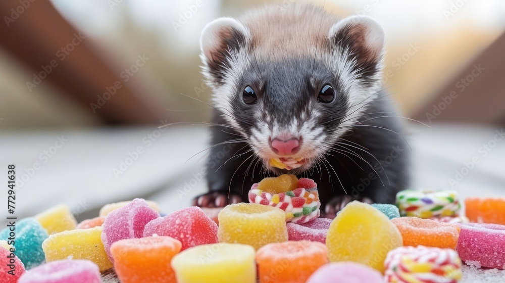 joyful Ferret relishing candy delights, highlighting the ferret's playful energy and sleek coat
