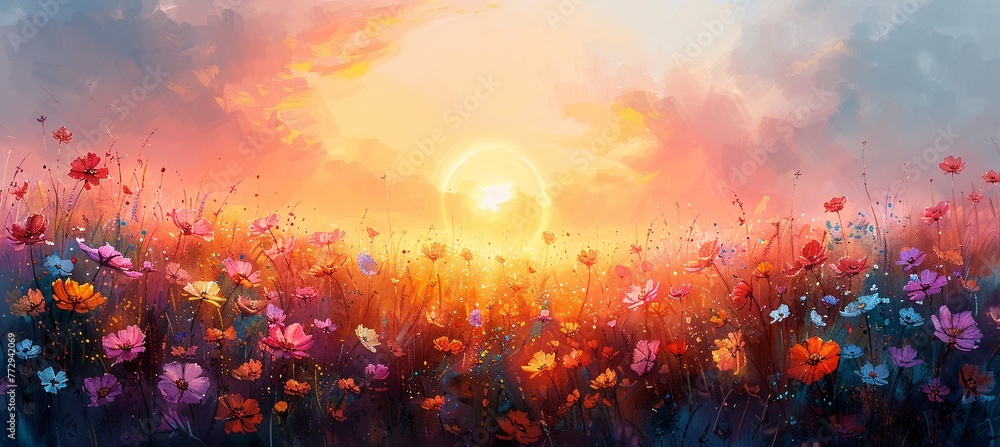 Sunset Serenade A Vibrant Field of Wildflowers Generative AI