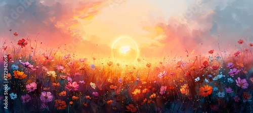 Sunset Serenade A Vibrant Field of Wildflowers Generative AI