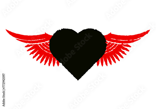 Corazón negro con alas rojas en fondo blanco.