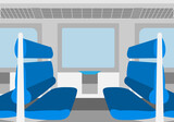 Interior de un tren con asientos azules.