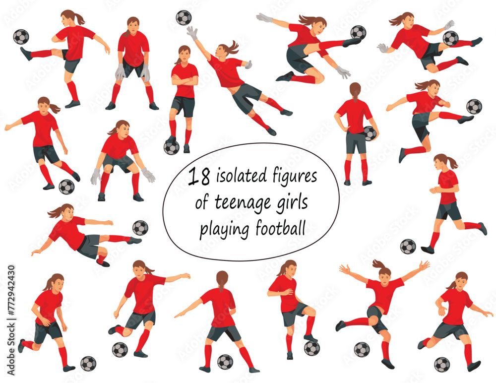 18 isolayed figures of teenage girl football players and goalkeepers in red t-shirts standing, running, hitting the ball, jumping