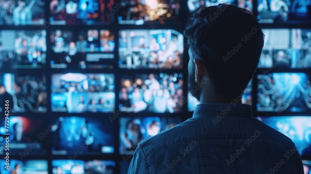 Man Standing in Front of Wall of Televisions Man Standing in Front of Wall of Televisions