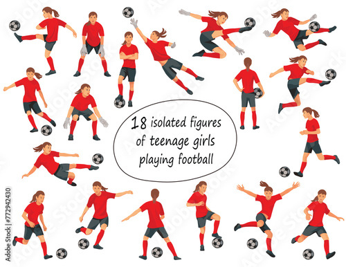 18 isolayed figures of teenage girl football players and goalkeepers in red t-shirts standing, running, hitting the ball, jumping