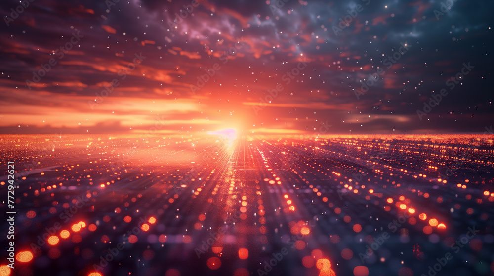 Fototapeta premium Glowing Grids cape A vast, glowing grid with abstract shapes and data packets traveling along its lines