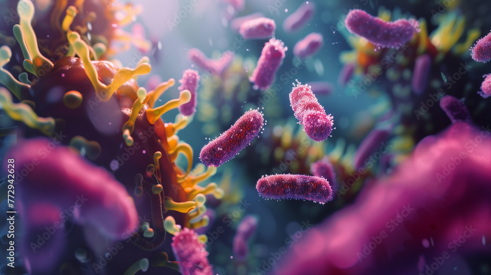 Macro view of healthy gut bacteria and microbes Macro view of healthy gut bacteria and microbes