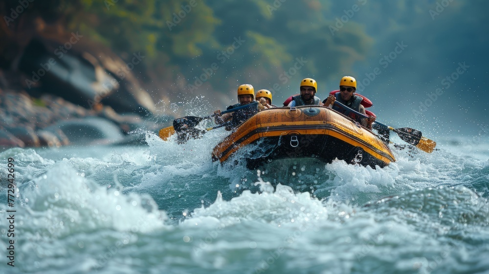 Obraz premium Group of men and women enjoy thrill of white water rafting together, guided by experienced instructor through challenging rapids.