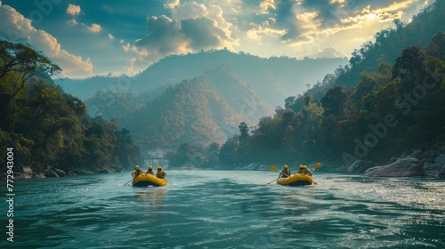 Groups of active people, man and woman, rafting and rowing on river with skilled instructor on mountain river.