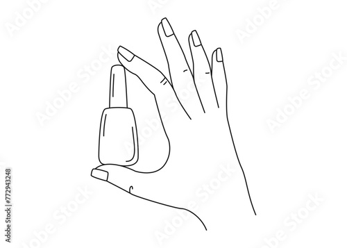 Linear drawing of a hand and nail polish. Woman's hand holding bottle of nail polish. Manicure. Illustration for a beauty salon