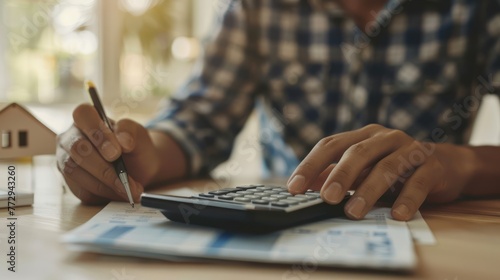 A person calculating mortgage payments using a calculator.