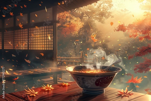 Tranquil scene of steaming ramen on a traditional Japanese veranda with autumn leaves falling. Concept: tranquility, culture, cuisine, autumn, relaxation, tradition, Japan