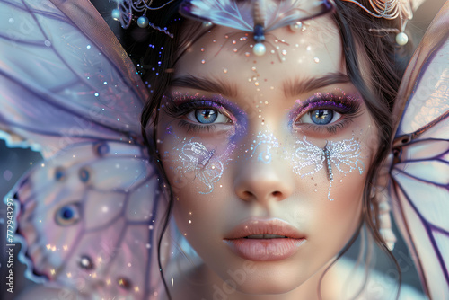  beautiful woman with butterfly wings, glitter and iridescence, skin texture, pastel lilac colours, detailed face, wearing a crown of filigree with intricate designs, dreamy look