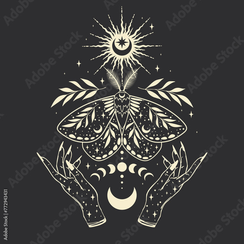 Mystic moth vector illustration. Magic moon, occult, print, poster.
