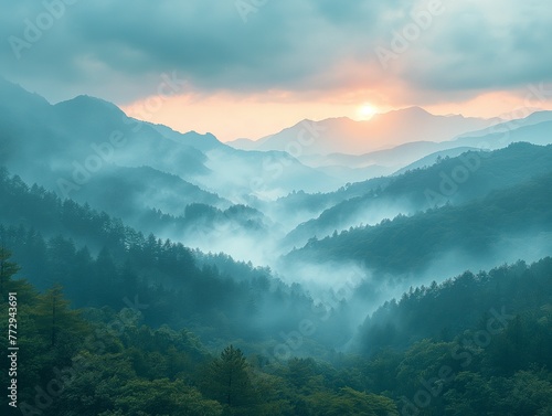 mountain landscape in the early morning  sunrise after the rain. Natural light  grey clouds