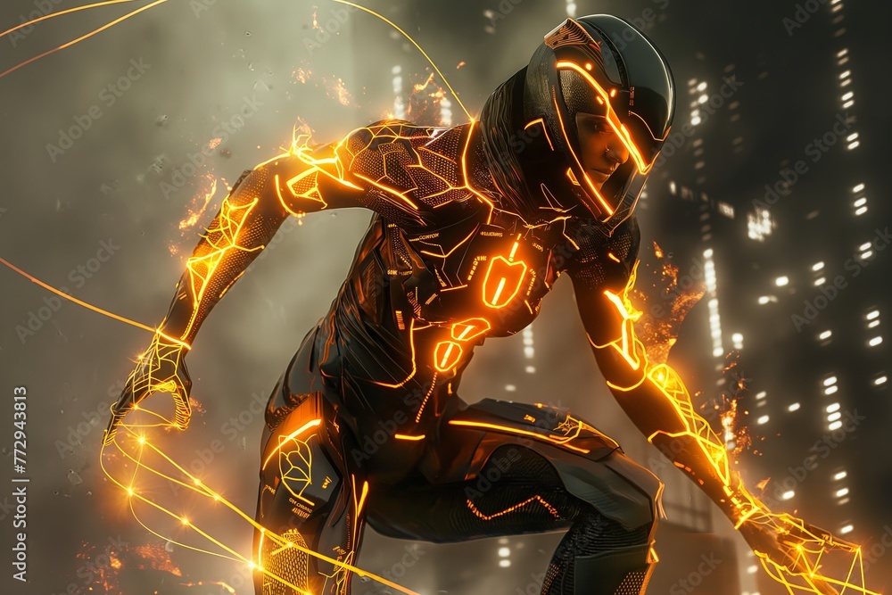 A dynamic image featuring a futuristic soldier with glowing armor enhanced with energy lines set against a blurred city background at night.