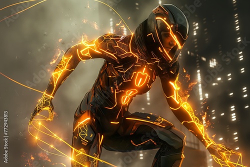 A dynamic image featuring a futuristic soldier with glowing armor enhanced with energy lines set against a blurred city background at night.