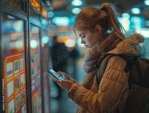 young woman paying at ticket machine in a metro station, paying train tickets before a tourist trip photo