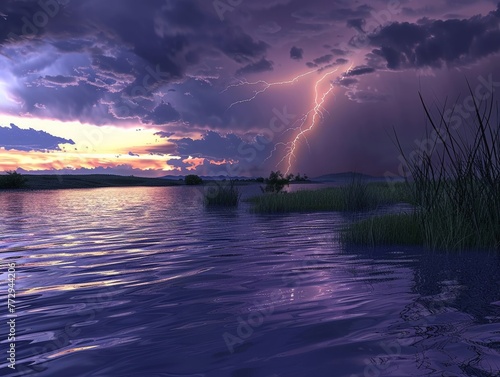 Peaceful storm, thunder echoing over still river, sunset hues, side perspective, natures paradox 